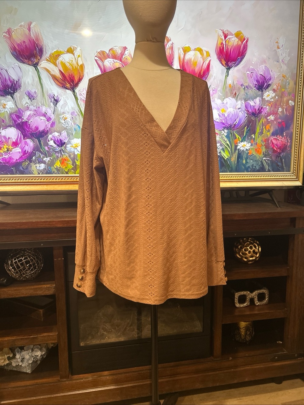 Textured V-Neck Long Sleeve Top in Camel Brown